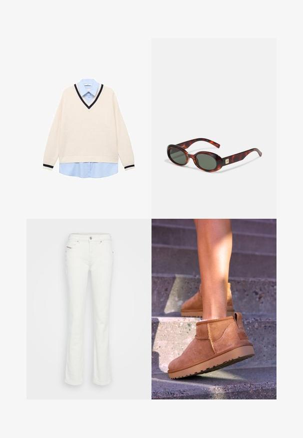 V-izrez pulover u krem boji s rebrastom teksturom, s mornarskim obrubom. Nositi preko svijetloplavog košulje s ovratnikom. Dugi rukavi.; Bijele traperice s proširenim nogavicama, sa dizajnom od pet džepova, zatvaranjem na gumb i suptilnim šavovima na struku i džepovima.; Smešane čizme od tan velura s mekim tekstilom, sa šavnim detaljima i gumenim đonom, te petom s petljom za lako obuvanje.; Naočale od kornjače s tamnim lećama, ovalnog oblika, i širokim krakovima. Imaju mali zlatni naglasak sa strane. Glatki plastični materijal.; Bijela torba s zakrivljenim siluetom, teksturirana koža, zlatni hardver i izmjenjiva traka s detaljima logotipa i kopčom.