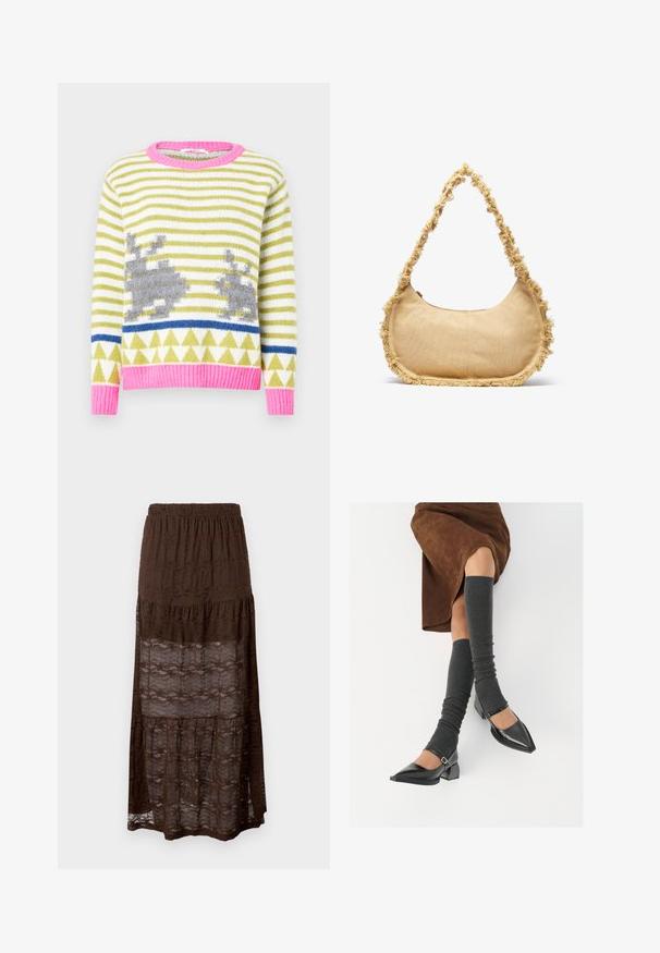 Pleteni džemper s prugama u zelenoj i bijeloj boji, sivim motivima zeca, plavom geometrijskom trakom te ružičastim rebrastim ovratnikom i rubom. Meka tekstura.; Smeđa čipkasta maxi suknja s višeslojnim dizajnom, s nabranoj strukom i valovitim uzorcima kroz cijelo platno. Lagana i polu-prozirna.; Crne lakirane cipele s šiljastim prstima, blok-petom i remenom oko gležnja, uparene s sivim rebrastim čarapama do koljena i smešnom suknjom od antilopa.; Teksturalna bež torba s zaobljenim oblikom, stršči obrub duž ivica i kratka narukvica za nošenje. Zatvarač na vrhu.