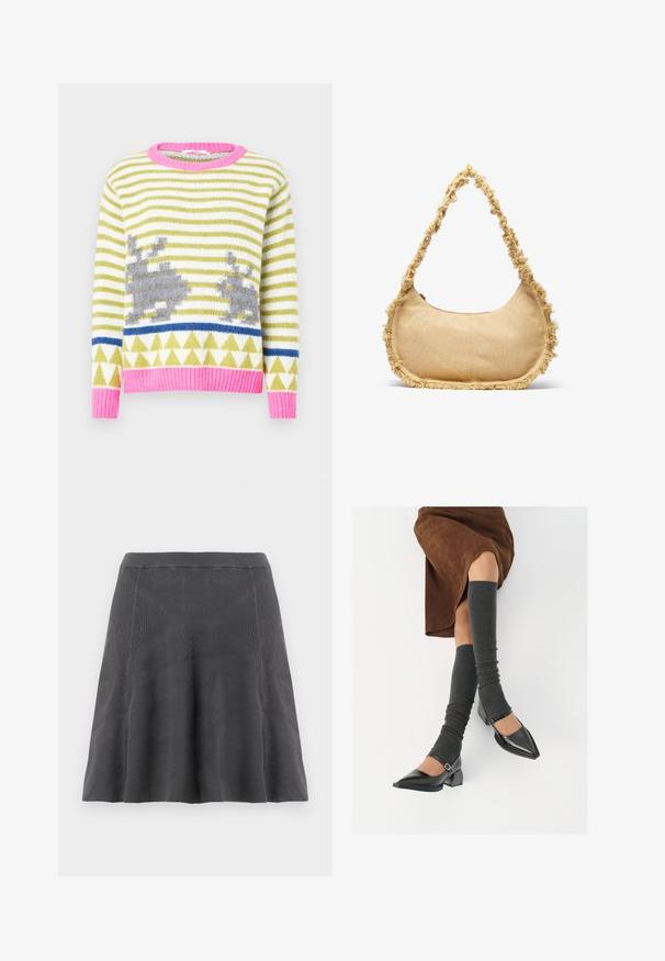 Strikket sweater med grønne og hvide striber, grå kaninmotiver, blå geometrisk bånd og lyserød ribkant ved hals og bund. Blød tekstur.; Grå A-formet nederdel i strik med ribbet tekstur, en tætsiddende talje og udvidet kant, der giver en glat silhuet og et afslappet design.; Sorte patenterede lædersko med spids tå, blokhæl og ankelrem, kombineret med grå ribbede benvarmere og en brun ruskinds nederdel.; Struktureret beige taske med en rund form, frynset kant langs kanterne og en kort rem til at bære. Lynlåsåbning på toppen.