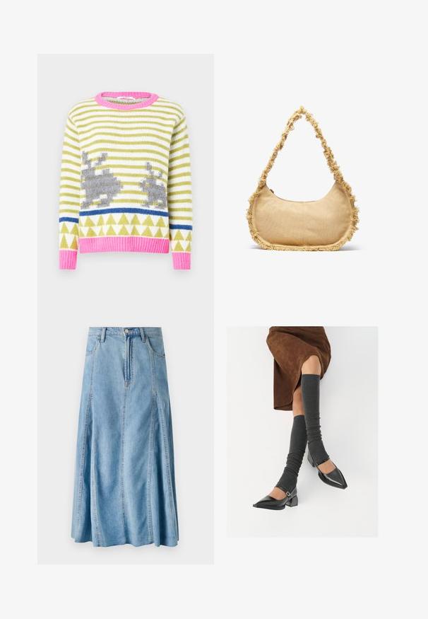 Adīta džempera ar zaļām un baltām svītrām, pelēkiem trušu motīviem, zilu ģeometrisku joslu un rozā ribota apkakli un apakšu. Mīksta tekstūra.; Gai zila džinsa svārki ar izplestu dizainu, aprīkoti ar pogu aizdari, jostu cilpām un vertikālām šuvēm. Vidēja garuma līdz teļiem.; Melnas laka ādas apavi ar norādītu purngalu, blokveida papēdi un potīšu jostu, saskaņoti ar pelēkām ribotām kāju sildītājām un brūnu zamšādas svārku.; Tekstūras beigts soma ar noapaļotu formu, ar sakostām malām un īsu siksnu nēsāšanai. Ar rāvējslēdzēja atveri augšpusē.