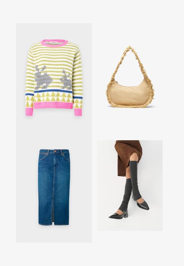 Adīta džempera ar zaļām un baltām svītrām, pelēkiem trušu motīviem, zilu ģeometrisku joslu un rozā ribota apkakli un apakšu. Mīksta tekstūra.; Tumši zilas džinsu midis svārki ar priekšējo atvērumu, piecu kabatu dizains, oranža šuvju krāsa un droša josta ar divām metāla pogām.; Melnas laka ādas apavi ar norādītu purngalu, blokveida papēdi un potīšu jostu, saskaņoti ar pelēkām ribotām kāju sildītājām un brūnu zamšādas svārku.; Tekstūras beigts soma ar noapaļotu formu, ar sakostām malām un īsu siksnu nēsāšanai. Ar rāvējslēdzēja atveri augšpusē.