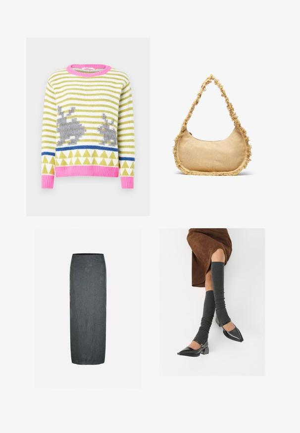 Pletený sveter s pruhmi v zelenej a bielej farbe, sivými motívmi zajaca, modrým geometrickým pásom a ružovým rebrovaným golierom a lemom. Mäkká textúra.; Tmavo šedá midi sukňa s hladkou textúrou a kvetinovým reliéfom. Má priliehavý vysoký pás a jednoduchý, elegantný siluetu.; Čierne lakované kožené topánky s špicatou špičkou, blokovým podpätkom a členkovým remienkom, ktoré sú kombinované so šedými rebrovanými legínami a hnedou zamšovou sukňou.; Textúrovaná béžová taška so zaobleným tvarom, s rozstrapkaným okrajom a krátkym popruhom na nosenie. Zipsový otvor na vrchu.