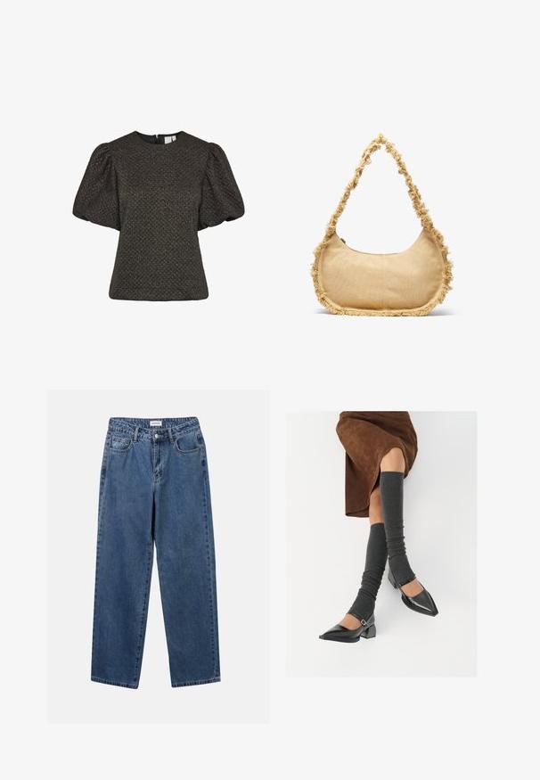 Knit sweater featuring green and white stripes, gray rabbit motifs, blue geometric band, and a pink ribbed collar and hem. Soft texture.; Short black textured top with puffed short sleeves and a round neckline, featuring a back zipper closure.; Classic blue denim jeans with a straight-leg design, five pockets, and a button closure. Features a medium wash and sturdy texture.; Black patent leather pointed-toe shoes with a block heel and ankle strap, paired with gray ribbed leg warmers and a brown suede skirt.; Textured beige bag with a rounded shape, frayed trim along the edges, and a short strap for carrying. Zippered opening at the top.