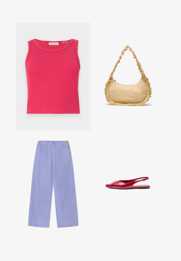 Pulover tricotat cu dungi verzi și albe, motive cu iepuraș gri, bandă geometrică albastră și guler și tiv roz, cu model șipcă. Textură moale.; Top din bumbac cu nervuri, ajustat, de culoare roz aprins, cu decolteu rotund și fără mâneci. Are o etichetă cu text albastru în interiorul gulerului.; Pantaloni evazați din material violet deschis cu dungi, cu închidere frontală cu nasturi, două buzunare și un accent portocaliu pe talie.; Sandalete plata roșii din piele cu vârf ascuțit și un detaliu decorativ de șireturi în față, având o curea subțire pentru gleznă și talpă plată.; Geantă bej texturată cu o formă rotunjită, margini franjurate și o curea scurtă pentru purtare. Deschidere cu fermoar în partea de sus.