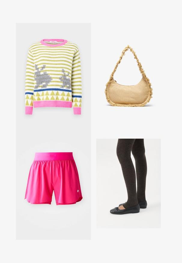 Megztinis su žaliai baltais dryžiais, pilkomis triušių motyvais, mėlyna geometrine juosta ir rožine ribbine apykakle bei apačia. Minkšta tekstūra.; Rožinės sportinės šortai, pagaminti iš lengvos medžiagos. Turi elastinę juosmenį ir šonines plyšius judėjimui. Mažas LOGO priekyje.; Juodos plokščios bateliai su maža kaspinėlio detale prie pirštų, derinami su tamsiai rudos spalvos raukšlėtomis pėdkelnėmis. Bateliai turi lygų paviršių ir žemą profilį.; Tekstūruotas bežinis krepšys su apvalia forma, nusidėvėjęs apvadas aplink kraštus ir trumpa rankena nešimui. Užtraukiama anga viršuje.