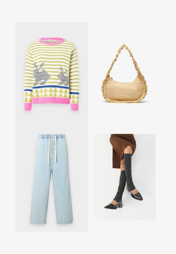 Knit sweater featuring green and white stripes, gray rabbit motifs, blue geometric band, and a pink ribbed collar and hem. Soft texture.; Light blue denim pants with wide legs, elastic waistband, and cream drawstring. Features a smooth texture and clean stitching at the hem.; Black patent leather pointed-toe shoes with a block heel and ankle strap, paired with gray ribbed leg warmers and a brown suede skirt.; Textured beige bag with a rounded shape, frayed trim along the edges, and a short strap for carrying. Zippered opening at the top.