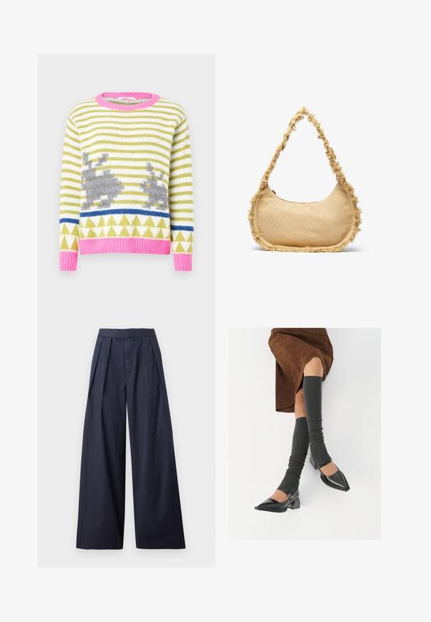 Strikket genser med grønne og hvite striper, grå kaninmotiver, blå geometrisk stripe og rosa ribbestrikket krage og kant. Myk tekstur.; Marinblå brede bukser med plisseret front og syet talje. Fremstillet af et glat, let materiale, med en lige pasform og uden synlige detaljer.; Sorte lakkpumps med spiss tå, blokkhel, og ankelstropp, kombinert med grå ribbestrikkede beinvarmere og et brunt semsket skinn skjørt.; Teksturet beige veske med avrundet form, frynsete kant langs kantene, og en kort stropp for bæring. Glidelåsåpning på toppen.