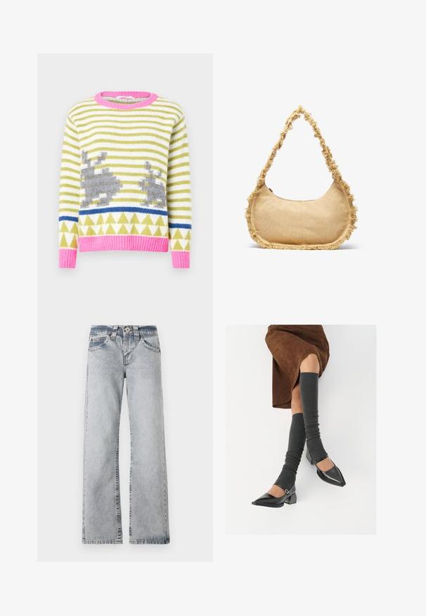 Strikket genser med grønne og hvite striper, grå kaninmotiver, blå geometrisk stripe og rosa ribbestrikket krage og kant. Myk tekstur.; Lys blå denimjeans med vid ben-design. Standard liv, fem-lommers stil, og synlige sømmer langs sømmene.; Sorte lakkpumps med spiss tå, blokkhel, og ankelstropp, kombinert med grå ribbestrikkede beinvarmere og et brunt semsket skinn skjørt.; Teksturet beige veske med avrundet form, frynsete kant langs kantene, og en kort stropp for bæring. Glidelåsåpning på toppen.