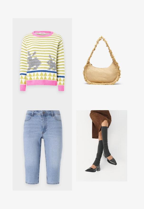 Strikket genser med grønne og hvite striper, grå kaninmotiver, blå geometrisk stripe og rosa ribbestrikket krage og kant. Myk tekstur.; Lyseblå denim shorts til kneet med fem lommer, beltestropper og lukking med knapp foran, med en lett falmet finish.; Sorte lakkpumps med spiss tå, blokkhel, og ankelstropp, kombinert med grå ribbestrikkede beinvarmere og et brunt semsket skinn skjørt.; Teksturet beige veske med avrundet form, frynsete kant langs kantene, og en kort stropp for bæring. Glidelåsåpning på toppen.