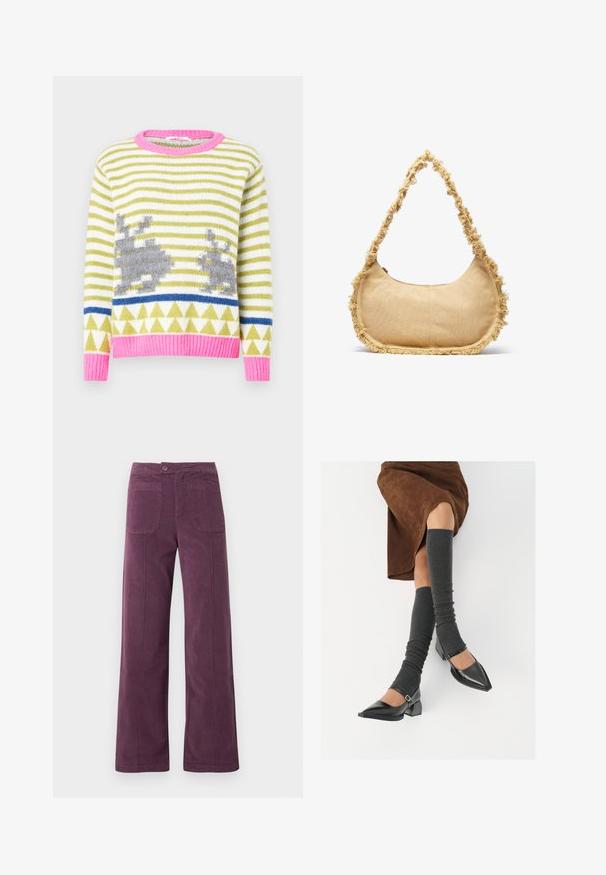Knit sweater featuring green and white stripes, gray rabbit motifs, blue geometric band, and a pink ribbed collar and hem. Soft texture.; Wide-leg pants in a deep purple color, made of soft fabric. Features four pockets and a front button closure. Minimalist design with clean lines.; Black patent leather pointed-toe shoes with a block heel and ankle strap, paired with gray ribbed leg warmers and a brown suede skirt.; Textured beige bag with a rounded shape, frayed trim along the edges, and a short strap for carrying. Zippered opening at the top.