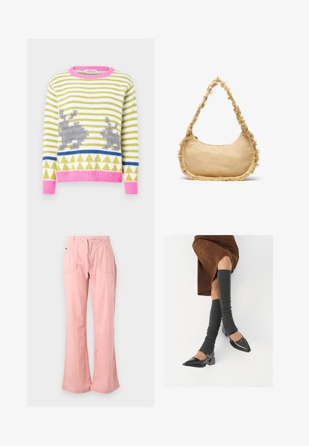 Pletený svetr se zelenými a bílými pruhy, šedými motivy zajíčků, modrým geometrickým pruhem a růžovým žebrovaným límcem a lemem. Měkká textura.; Světle růžové široké kalhoty vyrobené z měkké tkaniny, s vázáním v pase, dvěma předními kapsami a texturovaným povrchem.; Černé lakované boty s špičatou špičkou, blokovým podpatkem a kotníkovým páskem, spárované s šedými žebrovanými návleky na nohy a hnědskou sukní z semiše.; Texturovaná béžová taška zaobleného tvaru se třepeným lemem podél okrajů a krátkým popruhem na nošení. Zipové otevírání nahoře.