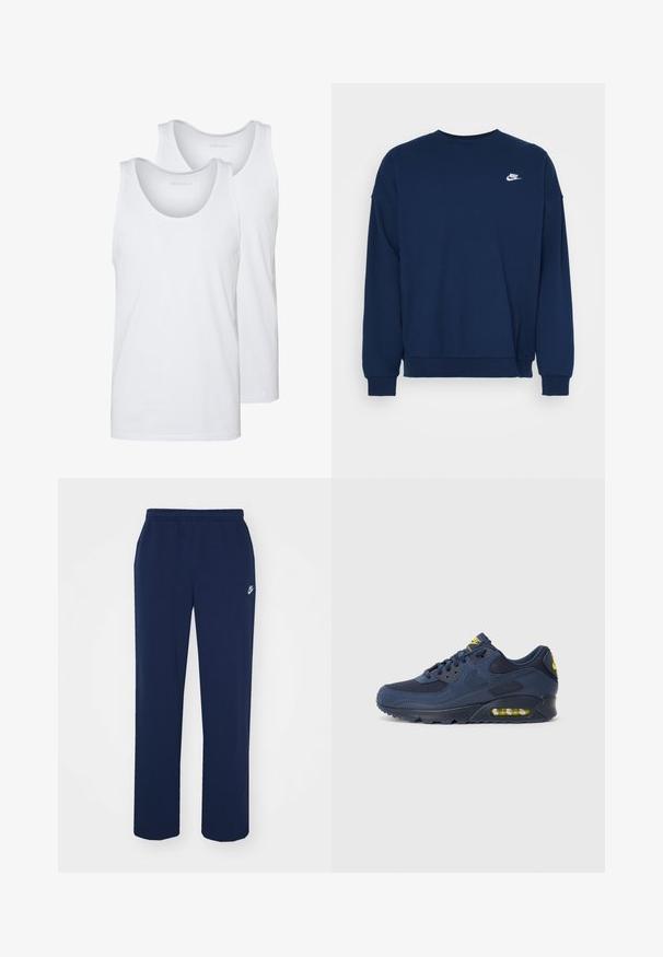 Felpa blu navy con maniche lunghe, scollo rotondo, polsi e orlo a coste; presenta un piccolo logo Nike bianco sul petto.; Canottiere bianche in cotone con scolli arrotondati, caratterizzate da una texture liscia. Due pezzi esposti, etichettati "PIER ONE".; Pantaloni della tuta blu navy realizzati in un morbido misto cotone, con cintura elastica e un piccolo logo Nike bianco sulla coscia sinistra. Design a gamba dritta.; Sneakers Nike Air Max blu navy con parte superiore in suede e mesh, dotati di dettagli gialli, chiusura con lacci e ammortizzazione visibile nella suola.