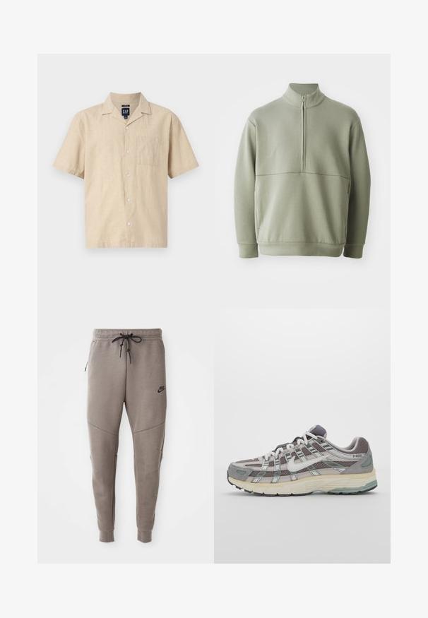 Ljusgrön, långärmad tröja med hög krage och halvmått. Mjuk textur med en horisontell sömdetalj över bröstet.; GAP Skjorta - oatmeal heather; Tre vita ribbade linnen i bomull. Har rund halsringning och små svarta etiketter vid fållen. Finns i flera storlekar.; Grå Nike sweatpants med dragsko i midjan, avsmalnande ben, sidofickor och tydlig sömdekoration. Mjuk, strukturerad tyg.; Grå atletiska sko med en överdel av mesh och mocka, vita accenter, en vadderad sula och en unik design med reflekterande element.