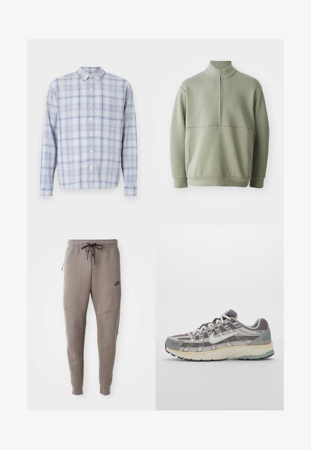 Pullover verde chiaro a maniche lunghe con colletto alto e mezza cerniera. Texture morbida con un dettaglio a cucitura orizzontale sulla parte anteriore.; Camicia a maniche lunghe con bottoni in azzurro chiaro e motivo a quadri bianchi. Presenta un colletto classico e un tessuto morbido e strutturato.; Tre canotte bianche a coste in cotone. Presentano un colletto rotondo e piccole etichette nere vicino all'orlo. Disponibile in diverse taglie.; Pantaloni sportivi Nike grigi con cintura regolabile, gambe affusolate, tasche laterali e dettagli di cucitura distintivi. Tessuto morbido e texture.; Scarpa sportiva grigia con tomaia in mesh e suede, dettagli bianchi, suola ammortizzata e un design distintivo con elementi riflettenti.