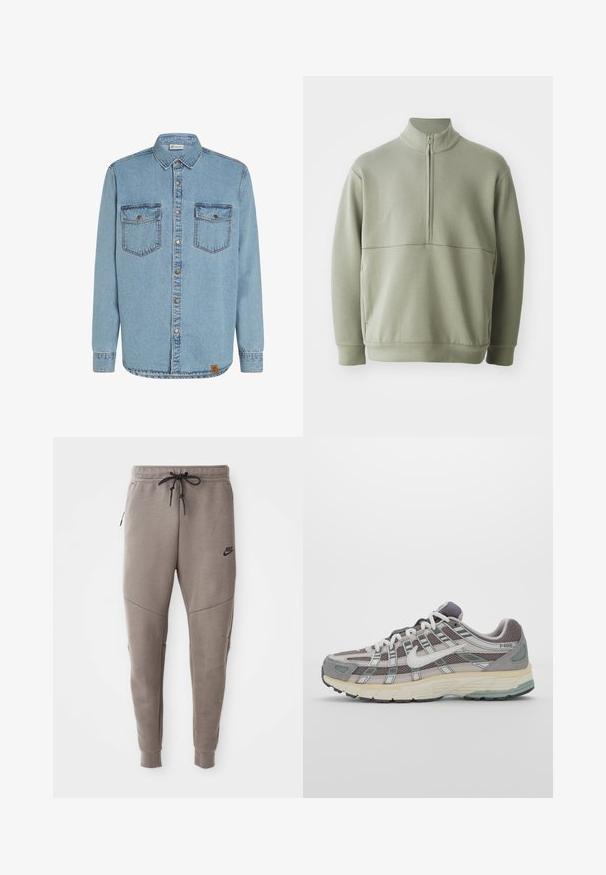 Vaaleanvihreä pitkähihainen neulepusero, jossa on korkea kaulus ja puoli vetoketju. Pehmeä pinta ja vaakasuora sauman yksityiskohta rinnassa.; Vaaleansininen farkkupaita, jossa on pitkät hihat, napillinen etuosa, kaksi rintataskua ja erottuvat tikkaukset. Paidan helmassa on kudottu logotunnus.; Kolme valkoista ribbitekstiilistä toppia, jotka on valmistettu puuvillasta. Ominaisuuksiin kuuluu pyöreä pääntie ja pieni musta etiketti helman lähellä. Saatavilla useissa kooissa.; Harmaat Nike-juoksuhousut, joissa on kiristysnyöri vyötäröllä, kapeat lahkeet, sivutaskut ja erottuva sauman yksityiskohtaisuus. Pehmeä, tekstuuri kangas.; Harmaa urheilukenkä, jossa on verkko- ja mokkanahkainen yläosa, valkoiset yksityiskohdat, pehmustettu pohja ja erottuva muotoilu heijastavilla elementeillä.