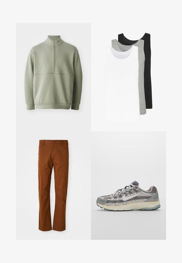 Šviesiai žalias, ilgos rankovės megztinis su aukšta apykakle ir pusiau užtrauktuku. Minkšta tekstūra su horizontalia siūle per krūtinę.; Trys marškiniai be rankovių baltos, pilkos ir juodos spalvų. Kiekvienas iš jų turi klasikinį dizainą, pagamintas iš lengvos medvilnės audinio su raštuotu paviršiumi.; Rudos medvilnės kelnės su įprastu siluetu, pasižyminčios mygtukų uždarymu, diržo kilpomis ir tiesiomis kojomis. Lygus paviršius be jokios ornamentikos.; Pilkas sportinis batas su tinklu ir zomšos viršutine dalimi, baltomis detalėmis, paminkštintu padu ir išskirtiniu dizainu su atspindinčiais elementais.