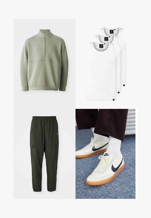 Svetlo zeleni pulover z dolgimi rokavi, visokim ovratnikom in polnim zadrgo. Mehak material z vodoravno šivano podrobnostjo čez prsi.; Tri bele rebraste majice brez rokavov iz bombaža. Imajo okroglo izreza in majhne črne etikete blizu roba. Na voljo v več velikostih.; Temnozeleni tovorni hlače iz lahko tkanine, z elastičnim pasom, zoženimi nogami in stranskimi žepi s pokrovi.; Nike teniske v beli usnje z mornarsko modrim Swooshom, z gumijastim podplatom in belimi vezalkami, v kombinaciji z belimi nogavicami in temnimi plišastimi hlačami.