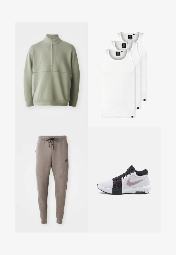 Lys grøn, langærmet pullover med høj krave og halv lynlås. Blød tekstur med en horisontal sømdetalje på brystet.; Tre hvide ribbede tanktops lavet af bomuld. Har en rund hals og små sorte mærker nær sømmen. Fås i flere størrelser.; Grå Nike joggingbukser med snoretræk i taljen, tapered ben, sidelommer og markante sømdetaljer. Blødt, struktureret stof.; Nike atletisk sko med en hvid mesh-overdel, sorte accenter, rødt logo og teksturerede detaljer. Har sorte snørebånd og synlig dæmpning i sålen.