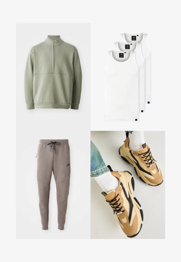 Suéter de manga larga verde claro con un cuello alto y media cremallera. Textura suave con un detalle de costura horizontal en el pecho.; Tres camisetas sin mangas de algodón de color blanco con canalé. Cuentan con cuello redondo y pequeñas etiquetas negras cerca del dobladillo. Disponibles en múltiples tamaños.; Pantalones de chándal grises de Nike con cintura ajustable, piernas ajustadas, bolsillos laterales y costuras distintivas. Tejido suave y texturizado.; Steve Madden POSSESS - Zapatillas - khaki