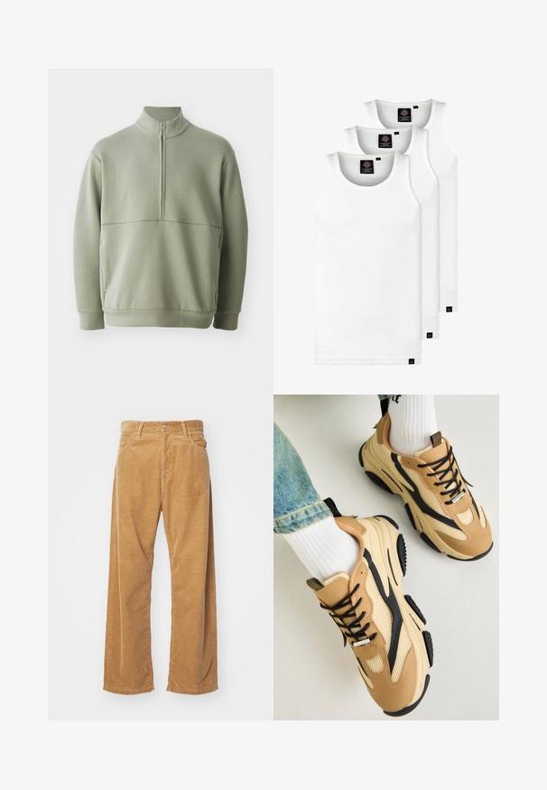 Heledad rohelise, pika varrukaga kootud särk kõrge kraega ja pooltaskuga. Pehme tekstuur, millel on horisontaalne õmbluse detail rinnaosas.; Kolm valget ribaga t-särki, mis on valmistatud puuvillast. Omavad ümmargust kaelanõhku ja väikseid musti silte hemme lähedal. Saadaval erinevates suurustes.; Karedžvõrkudega laiade jalgade püksid beežikas värvuses. Omab tekstuuriga vertikaalseid triibusid, tavalist vöökohta ja kahte esipoolt taskut.; Steve Madden POSSESS - Tossud - khaki