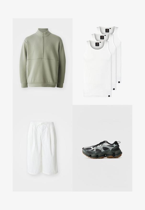Lys grøn, langærmet pullover med høj krave og halv lynlås. Blød tekstur med en horisontal sømdetalje på brystet.; Tre hvide ribbede tanktops lavet af bomuld. Har en rund hals og små sorte mærker nær sømmen. Fås i flere størrelser.; Hvide shorts med elastisk talje og snoretræk, præsenteret mod en ensfarvet lys baggrund. Egnet til afslappet eller varmt vejr.; Sorte og grå atletiksko med mesh-overdel, skulptureret sål og gummisål. Har et sikkert snøresystem og en trækflap ved hælen.