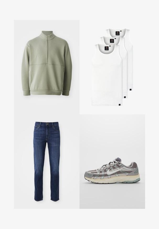 Suéter de manga larga verde claro con un cuello alto y media cremallera. Textura suave con un detalle de costura horizontal en el pecho.; Tres camisetas sin mangas de algodón de color blanco con canalé. Cuentan con cuello redondo y pequeñas etiquetas negras cerca del dobladillo. Disponibles en múltiples tamaños.; Vaqueros de mezclilla azul oscuro con un corte recto, que presentan un diseño clásico de cinco bolsillos y cierre de botón metálico. Detalles de desgaste sutil en la tela.; Zapatilla deportiva gris con parte superior de malla y ante, acentos blancos, suela acolchada y un diseño distintivo con elementos reflectantes.