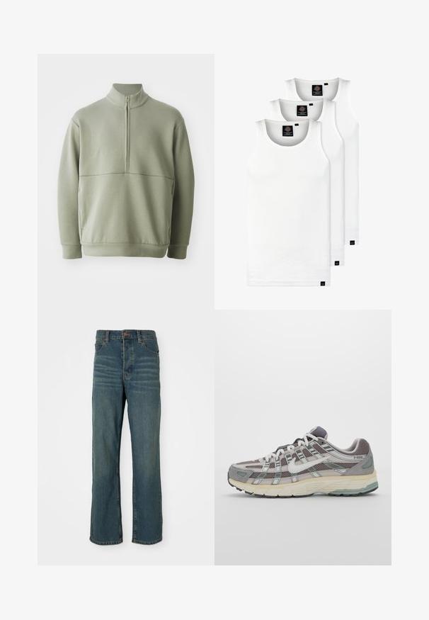 Light green, long-sleeve pullover with a high collar and half zipper. Soft texture with a horizontal seam detail across the chest.; Three white ribbed tank tops made of cotton. Features a crew neck and small black labels near the hem. Available in multiple sizes.; Blue denim jeans with a straight-leg design, featuring five pockets, a button closure, and light fading on the front.; Gray athletic shoe featuring a mesh and suede upper, white accents, a cushioned sole, and a distinctive design with reflective elements.