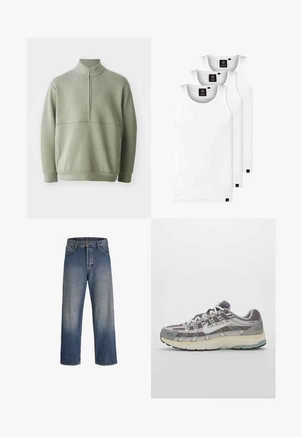 Light green, long-sleeve pullover with a high collar and half zipper. Soft texture with a horizontal seam detail across the chest.; Three white ribbed tank tops made of cotton. Features a crew neck and small black labels near the hem. Available in multiple sizes.; Blue denim jeans with a loose fit, featuring a faded design, five pockets, belt loops, and a button and zipper closure.; Gray athletic shoe featuring a mesh and suede upper, white accents, a cushioned sole, and a distinctive design with reflective elements.