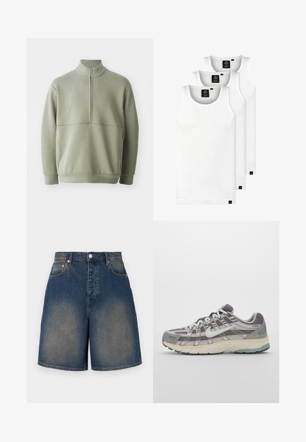 Heledad rohelise, pika varrukaga kootud särk kõrge kraega ja pooltaskuga. Pehme tekstuur, millel on horisontaalne õmbluse detail rinnaosas.; Kolm valget ribaga t-särki, mis on valmistatud puuvillast. Omavad ümmargust kaelanõhku ja väikseid musti silte hemme lähedal. Saadaval erinevates suurustes.; Keskmise sinise värvuse ja pleekinud pesuga teksased lühikesed püksid. Omab kõrget vööd, viit taskut ja sirget jala lõiget. Metallne nööp sulgemiseks.; Hallus hallitus jalanõud, millel on võrgust ja sametist ülemine osa, valged rõhutused, pehme tald ning eristuv disain peegelduvate elementidega.