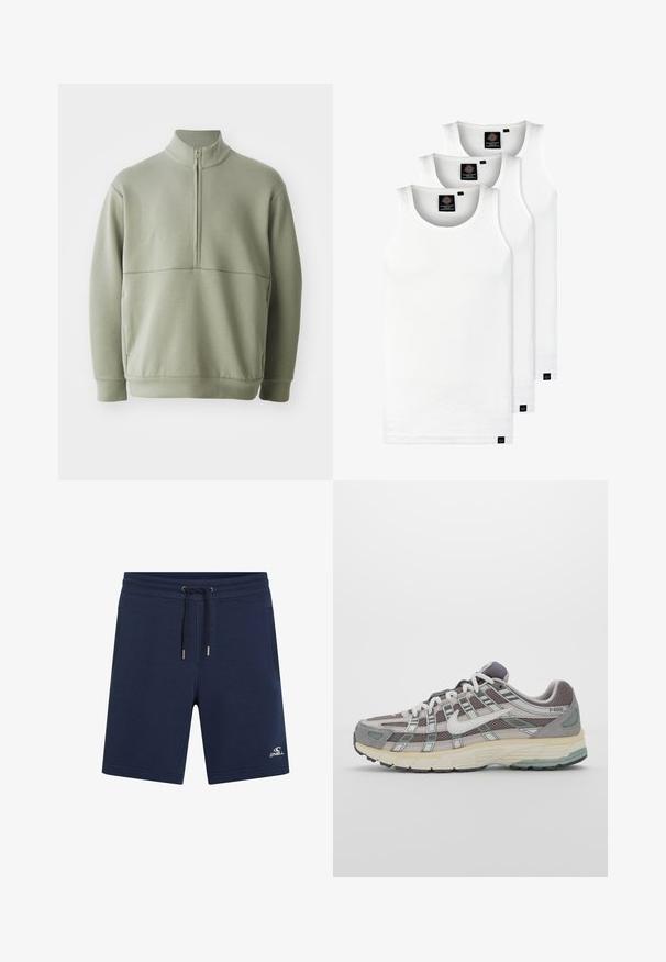 Light green, long-sleeve pullover with a high collar and half zipper. Soft texture with a horizontal seam detail across the chest.; Three white ribbed tank tops made of cotton. Features a crew neck and small black labels near the hem. Available in multiple sizes.; Navy blue cotton shorts with an elastic waistband, drawstring closure, side pockets, and white logo on the lower left leg.; Gray athletic shoe featuring a mesh and suede upper, white accents, a cushioned sole, and a distinctive design with reflective elements.