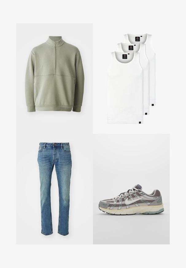Šviesiai žalias, ilgos rankovės megztinis su aukšta apykakle ir pusiau užtrauktuku. Minkšta tekstūra su horizontalia siūle per krūtinę.; Trys balti, dryžuoti marškiniai be rankovių, pagaminti iš medvilnės. Yra apvalus kaklas ir maži juodi etiketės netoli siūlės. Siūlomi įvairių dydžių.; Vyriški mėlyni džinsai su tiesia kirpimu, su šviesesniu plovimu, penkių kišenių dizainu ir metaliniu mygtuko užsegimu.; Pilkas sportinis batas su tinklu ir zomšos viršutine dalimi, baltomis detalėmis, paminkštintu padu ir išskirtiniu dizainu su atspindinčiais elementais.