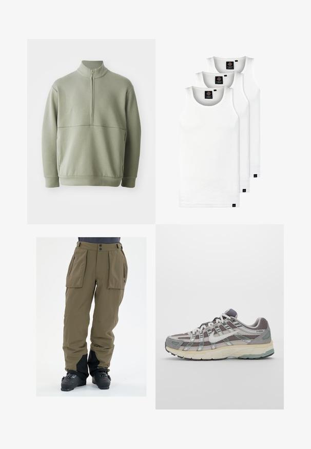 Hellgrüner Pulli mit langen Ärmeln, hohem Kragen und halbem Reißverschluss. Weiche Textur mit einer horizontalen Nahtdetails über der Brust.; Drei weiße, gerippte Tanktops aus Baumwolle. Merkmale einen Rundhalsausschnitt und kleine schwarze Etiketten am Saum. In mehreren Größen erhältlich.; Olivgrüne Schneehose aus wasserdichtem Material, mit seitlichen Cargo-Taschen, mit Reißverschluss versehenen Handtaschen und einem schwarzen unteren Bereich.; Grauer Sportschuh mit einem Obermaterial aus Mesh und Wildleder, weißen Akzenten, einer gepolsterten Sohle und einem charakteristischen Design mit reflektierenden Elementen.