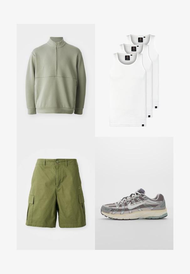 Világos zöld, hosszú ujjú pulóver magas gallérral és fél cipzárral. Puha tapintású, a mellkas fölött vízszintes varrási részlettel.; Három fehér csíkos pamut trikó. Felső része kerek nyakkivágású, és a szegély közelében kis fekete címkék találhatók. Több méretben elérhető.; Zöld cargo sportnadrág könnyű anyagból, elöl gombos záródással, oldalsó zsebekkel és finom négyzetmintával. Nike logó az oldalon.; Szürke sportcipő, hálós és velúr felsőrésszel, fehér részletekkel, párnázott talppal és jellegzetes dizájnnal, amely visszaverő elemeket tartalmaz.