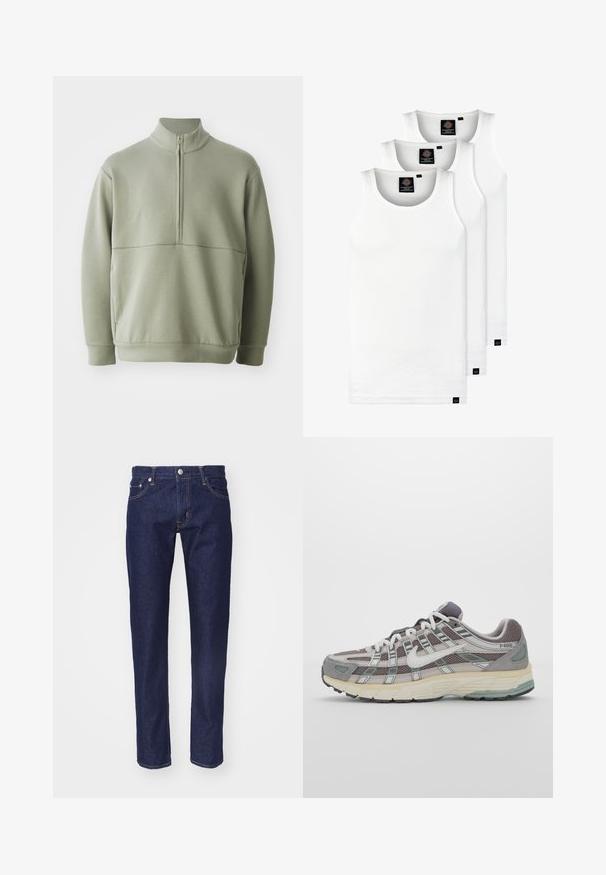Svijetlozelena, dugosveđena majica s visokim ovratnikom i polu-zipperom. Mehak materijal s horizontalnom šavom preko prsa.; Tri bijele rebraste majice bez rukava od pamuka. Imaju okrugli izrez i male crne oznake blizu rubova. Dostupne su u više veličina.; Navy plave traperice ravnog kroja, s pet džepova, kontrastnim narančastim šavovima i srebrnim kopčanjem na struku.; Siva sportska tenisica s gornjim dijelom od mrežaste tkanine i zamshta, bijelim detaljima, amortizirajućom potplatom i prepoznatljivim dizajnom s refleksivnim elementima.