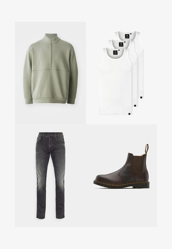 Suéter de manga larga verde claro con un cuello alto y media cremallera. Textura suave con un detalle de costura horizontal en el pecho.; Tres camisetas sin mangas de algodón de color blanco con canalé. Cuentan con cuello redondo y pequeñas etiquetas negras cerca del dobladillo. Disponibles en múltiples tamaños.; Jeans ajustados grises con detalles desgastados, cinco bolsillos, presillas para cinturón y cierre de botón. Hechos de denim con una textura suave.; Bota Chelsea de cuero marrón con paneles laterales elásticos, tacón texturizado y costuras amarillas de contraste. Cuenta con una lengüeta para facilitar su puesta.