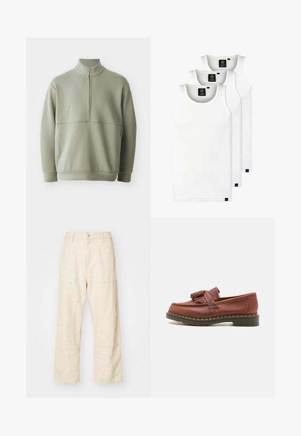 Svijetlozelena, dugosveđena majica s visokim ovratnikom i polu-zipperom. Mehak materijal s horizontalnom šavom preko prsa.; Tri bijele rebraste majice bez rukava od pamuka. Imaju okrugli izrez i male crne oznake blizu rubova. Dostupne su u više veličina.; Pamučne hlače širokih nogavica u svijetloj bež boji, s prednjim džepovima, kopčanjem na dugme i vidljivim šavovima za dodatnu teksturu.; Smeđe kožne mokasine s resama, teksturiranom površinom i kontrastnim žutim šavovima uz crnu gumenu podlogu. Bočni pogled.