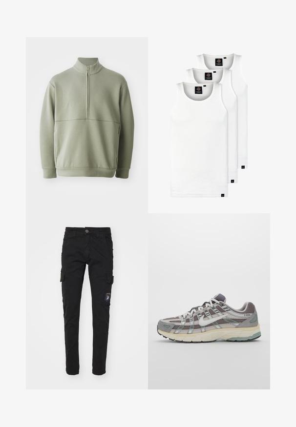 Šviesiai žalias, ilgos rankovės megztinis su aukšta apykakle ir pusiau užtrauktuku. Minkšta tekstūra su horizontalia siūle per krūtinę.; Trys balti, dryžuoti marškiniai be rankovių, pagaminti iš medvilnės. Yra apvalus kaklas ir maži juodi etiketės netoli siūlės. Siūlomi įvairių dydžių.; Juodi medvilniniai cargo kelnaičiai su aptemptu siluetu, turintys kelis šoninius kišenes, užtrauktuko užsegimą ir pleistrą kairėje kojoje.; Pilkas sportinis batas su tinklu ir zomšos viršutine dalimi, baltomis detalėmis, paminkštintu padu ir išskirtiniu dizainu su atspindinčiais elementais.