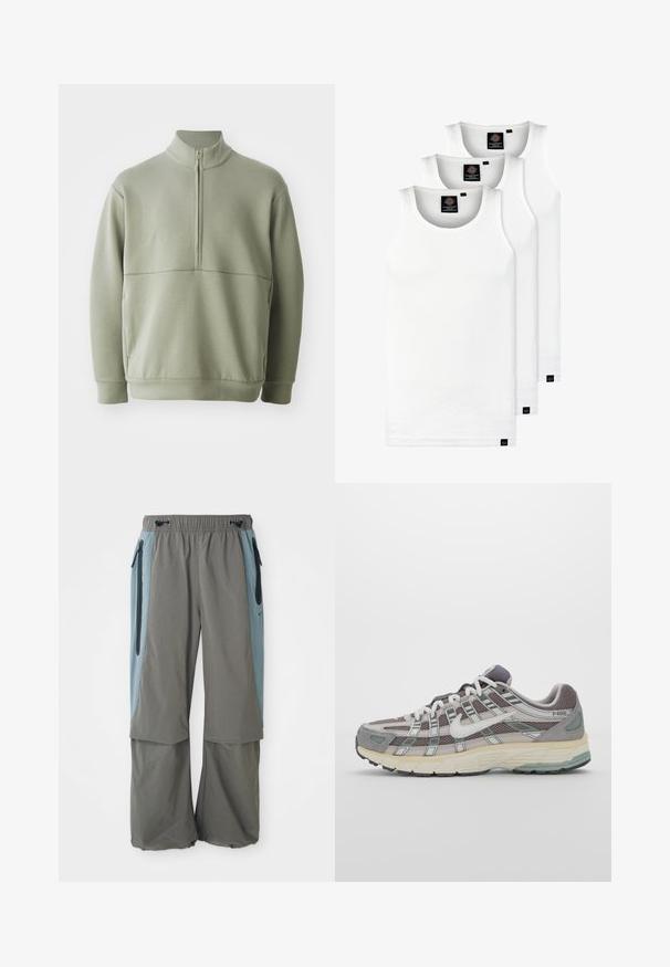 Suéter de manga larga verde claro con un cuello alto y media cremallera. Textura suave con un detalle de costura horizontal en el pecho.; Tres camisetas sin mangas de algodón de color blanco con canalé. Cuentan con cuello redondo y pequeñas etiquetas negras cerca del dobladillo. Disponibles en múltiples tamaños.; Pantalones exteriores grises con un diseño de pierna ancha, que presentan paneles laterales azul oscuro y bolsillos con cremallera. Hechos de material ligero y transpirable.; Zapatilla deportiva gris con parte superior de malla y ante, acentos blancos, suela acolchada y un diseño distintivo con elementos reflectantes.