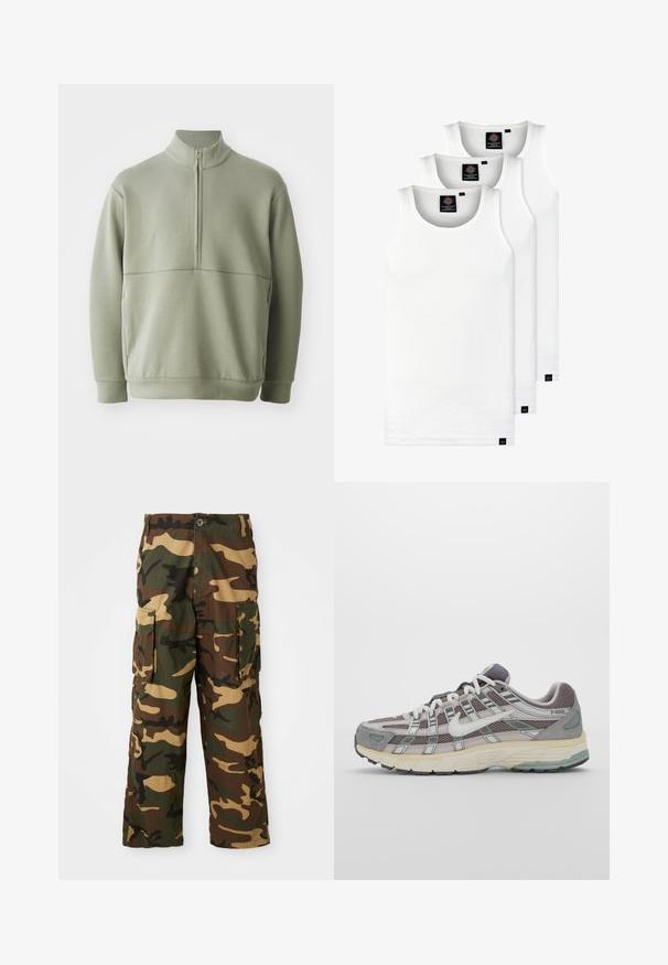 Ljusgrön, långärmad tröja med hög krage och halvmått. Mjuk textur med en horisontell sömdetalj över bröstet.; Tre vita ribbade linnen i bomull. Har rund halsringning och små svarta etiketter vid fållen. Finns i flera storlekar.; Kamouflage cargo byxor i grönt, brunt och beige. Har två stora sidofickor och en knappstängning. Tillverkade av strukturerad tyg.; Grå atletiska sko med en överdel av mesh och mocka, vita accenter, en vadderad sula och en unik design med reflekterande element.