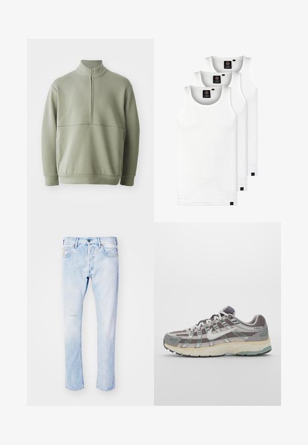 Pull vert clair à manches longues avec un col montant et une fermeture éclair mi-longue. Texture douce avec un détail de couture horizontale sur la poitrine.; Trois débardeurs blancs côtelés en coton. Présentent un col rond et de petites étiquettes noires près de l'ourlet. Disponibles en plusieurs tailles.; Jean en denim bleu clair avec une coupe droite, présentant des détails usés à l'avant, cinq poches et une fermeture éclair standard.; Chaussure de sport grise avec une tige en mesh et en daim, accents blancs, semelle rembourrée et un design distinctif avec des éléments réfléchissants.