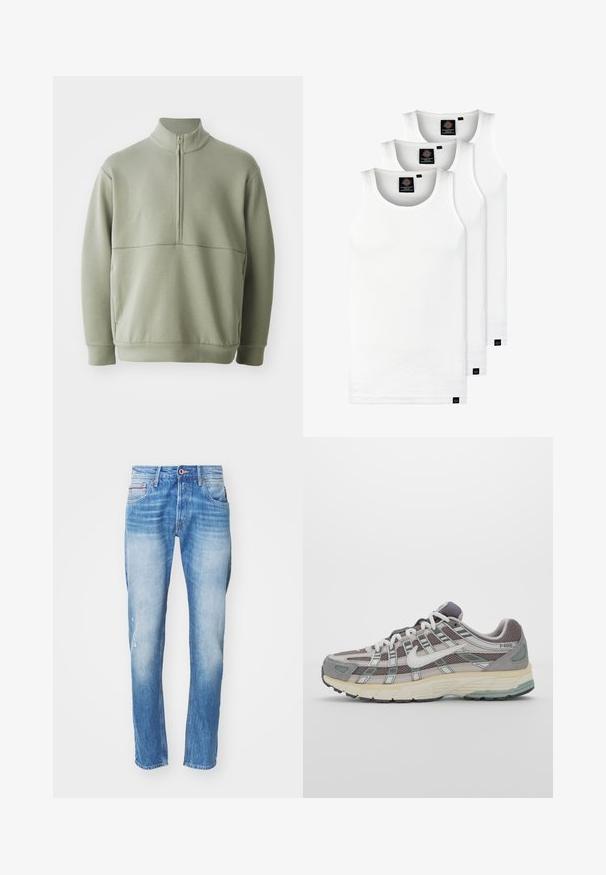 Suéter de manga larga verde claro con un cuello alto y media cremallera. Textura suave con un detalle de costura horizontal en el pecho.; Tres camisetas sin mangas de algodón de color blanco con canalé. Cuentan con cuello redondo y pequeñas etiquetas negras cerca del dobladillo. Disponibles en múltiples tamaños.; Vaqueros de mezclilla azul claro con un corte ajustado, que presentan áreas desgastadas, un desgarro en la rodilla izquierda y un estilo de cinco bolsillos.; Zapatilla deportiva gris con parte superior de malla y ante, acentos blancos, suela acolchada y un diseño distintivo con elementos reflectantes.