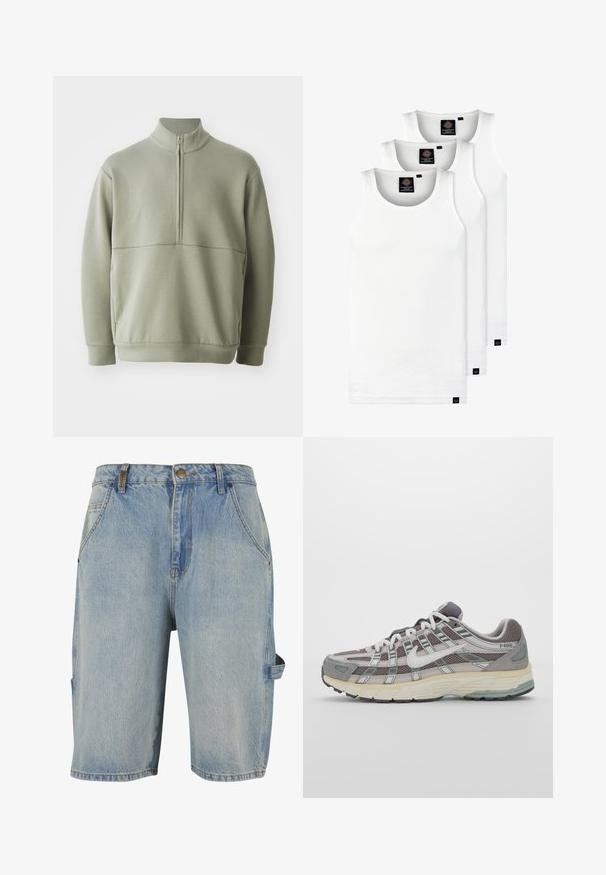 Vaaleanvihreä pitkähihainen neulepusero, jossa on korkea kaulus ja puoli vetoketju. Pehmeä pinta ja vaakasuora sauman yksityiskohta rinnassa.; Kolme valkoista ribbitekstiilistä toppia, jotka on valmistettu puuvillasta. Ominaisuuksiin kuuluu pyöreä pääntie ja pieni musta etiketti helman lähellä. Saatavilla useissa kooissa.; Vaaleansiniset farkkushortsit, joissa on klassinen viiden taskun muotoilu, näkyvät ompelupisteet ja sivutasku, jossa on lenkki.; Harmaa urheilukenkä, jossa on verkko- ja mokkanahkainen yläosa, valkoiset yksityiskohdat, pehmustettu pohja ja erottuva muotoilu heijastavilla elementeillä.