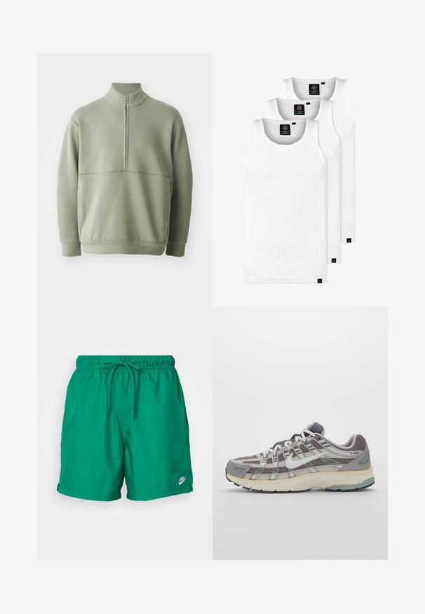 Lys grønn, langermet genser med høy krage og halv glidelås. Myk tekstur med horisontal sømdetalj over brystet.; Tre hvite ribbestrikkede tank topper laget av bomull. Har en rund hals og små svarte etiketter nær kanten. Tilgjengelig i flere størrelser.; Grønne herresvømmebukser laget av lett materiale, med elastisk midje og snor, samt en liten Nike-logo på kanten.; Grå treningssko med overdel i nett og semsket skinn, hvite detaljer, en polstret såle, og et særpreget design med reflekterende elementer.