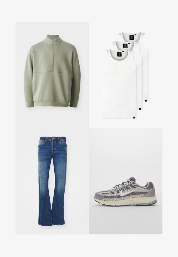 Svetlo zeleni pulover z dolgimi rokavi, visokim ovratnikom in polnim zadrgo. Mehak material z vodoravno šivano podrobnostjo čez prsi.; Tri bele rebraste majice brez rokavov iz bombaža. Imajo okroglo izreza in majhne črne etikete blizu roba. Na voljo v več velikostih.; Razširjene modre kavbojke iz denima z medenim pasom, petimi žepi in rahlim bledenjem. Tkanina ima klasično teksturo in čist zaključek.; Sive športne čevlje z zgornjim delom iz mrežastega in semiš materiala, belimi akcenti, oblazinjenim podplatom ter edinstvenim dizajnom z odsevnimi elementi.