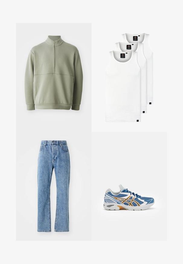 Svetlozelený, dlhý rukáv pulóver s vysokým golierom a polovičným zipsom. Mäkká textúra s horizontálnym švom cez hruď.; Tri biele rebrované tielka vyrobené z bavlny. Majú okrúhly výstrih a malé čierne štítky pri leme. Dostupné v rôznych veľkostiach.; Svetlomodré džíny z denimu s vysokým pásom, širokým strihom nôh, klasickým päť-p vreckovým štýlom a jemným blednutím látky.; Modrá športová obuv s sieťovaným zvrškom, bielymi a oranžovými akcentmi, polstrovanou medzipodošvou a štruktúrovanou gumovou podrážkou. S možnosťou šnurovania.