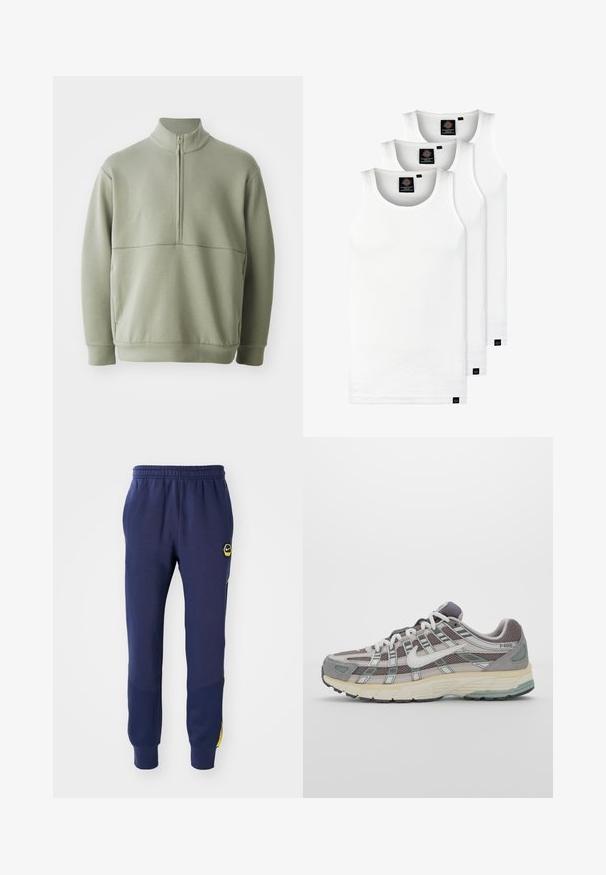 Gaiši zaļš, garām piedurknēm, džemperis ar augstu apkakli un pusi rāvējslēdzēju. Mīksta tekstūra ar horizontālu šuvju detaļu krūšu rajonā.; Trīs baltas ribotas krūšturi, kas izgatavoti no kokvilnas. Iezīmēti ar apaļu kakla izgriezumu un maziem melniem etiķetēm tuvu apakšmalai. Pieejami vairākos izmēros.; Tumši zilā sporta bikses ar elastīgu jostasvietu, sānu kabatām un melnu/dzeltenu logo uzlīmi, ar teksturētām paneļu akcentiem pie potītēm.; Pelēkie sporta apavi ar tīkla un zamša augšdaļu, baltiem akcentiem, mīkstinātu zoli un izcilu dizainu ar atstarotājiem.