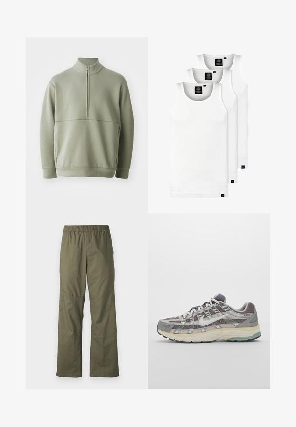 Gaiši zaļš, garām piedurknēm, džemperis ar augstu apkakli un pusi rāvējslēdzēju. Mīksta tekstūra ar horizontālu šuvju detaļu krūšu rajonā.; Trīs baltas ribotas krūšturi, kas izgatavoti no kokvilnas. Iezīmēti ar apaļu kakla izgriezumu un maziem melniem etiķetēm tuvu apakšmalai. Pieejami vairākos izmēros.; Olīvu zaļas cargo bikses ar elastīgu jostasvietu, platajām kājām un ceļgala paneļu akcentiem, izgatavotas no izturīga auduma.; Pelēkie sporta apavi ar tīkla un zamša augšdaļu, baltiem akcentiem, mīkstinātu zoli un izcilu dizainu ar atstarotājiem.
