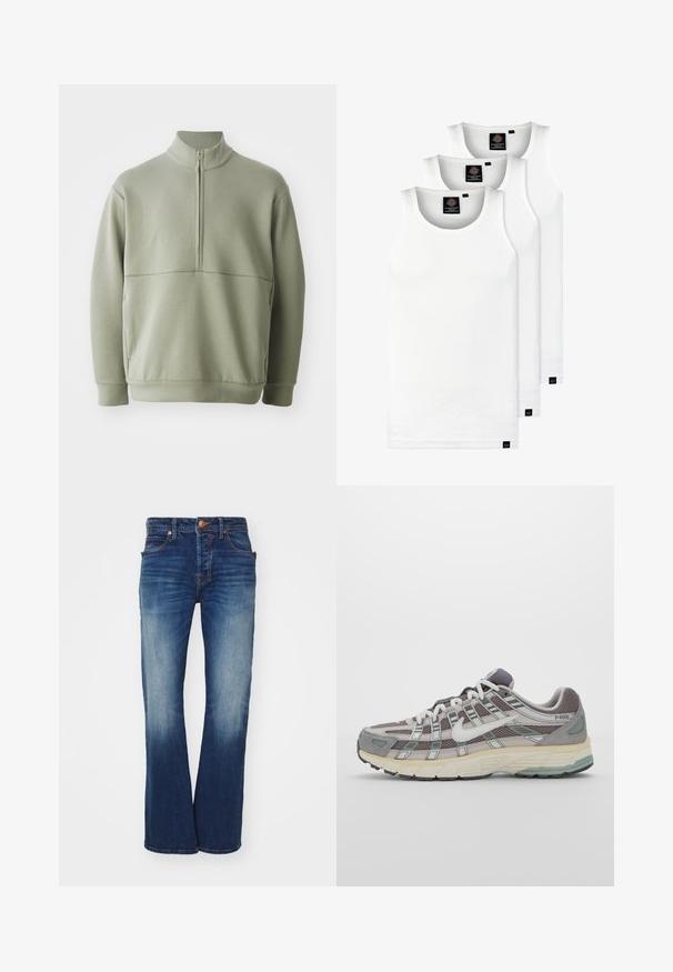 Világos zöld, hosszú ujjú pulóver magas gallérral és fél cipzárral. Puha tapintású, a mellkas fölött vízszintes varrási részlettel.; Három fehér csíkos pamut trikó. Felső része kerek nyakkivágású, és a szegély közelében kis fekete címkék találhatók. Több méretben elérhető.; Kék farmernadrág, kenguru fazonú lábszárral, öt zsebbel és sárgaréz gombos záródással. Világos kopása és kontrasztos varrása van.; Szürke sportcipő, hálós és velúr felsőrésszel, fehér részletekkel, párnázott talppal és jellegzetes dizájnnal, amely visszaverő elemeket tartalmaz.