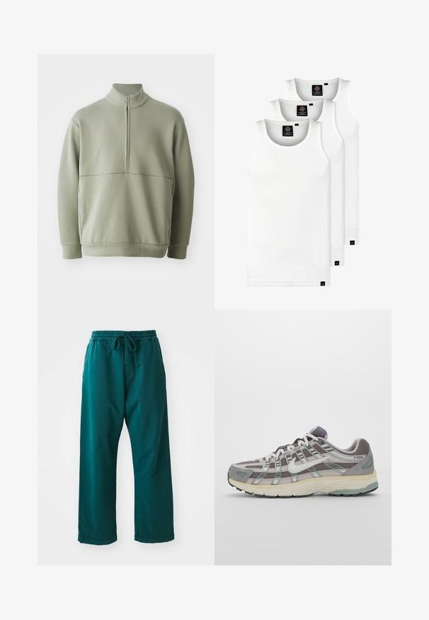 Šviesiai žalias, ilgos rankovės megztinis su aukšta apykakle ir pusiau užtrauktuku. Minkšta tekstūra su horizontalia siūle per krūtinę.; Trys balti, dryžuoti marškiniai be rankovių, pagaminti iš medvilnės. Yra apvalus kaklas ir maži juodi etiketės netoli siūlės. Siūlomi įvairių dydžių.; Mėlynos plačios kelnės, pagamintos iš minkštos medžiagos, su elastinga juosmeniu ir raišteliu reguliuojamam prigludimui, turinčios lygią tekstūrą.; Pilkas sportinis batas su tinklu ir zomšos viršutine dalimi, baltomis detalėmis, paminkštintu padu ir išskirtiniu dizainu su atspindinčiais elementais.