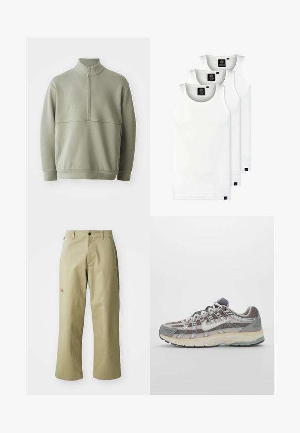 Hellgrüner Pulli mit langen Ärmeln, hohem Kragen und halbem Reißverschluss. Weiche Textur mit einer horizontalen Nahtdetails über der Brust.; Drei weiße, gerippte Tanktops aus Baumwolle. Merkmale einen Rundhalsausschnitt und kleine schwarze Etiketten am Saum. In mehreren Größen erhältlich.; Beige weit geschnittene Baumwollhose mit Knopfverschluss, seitlichen Taschen und gesticktem roten Nike-Logo an der Seite.; Grauer Sportschuh mit einem Obermaterial aus Mesh und Wildleder, weißen Akzenten, einer gepolsterten Sohle und einem charakteristischen Design mit reflektierenden Elementen.